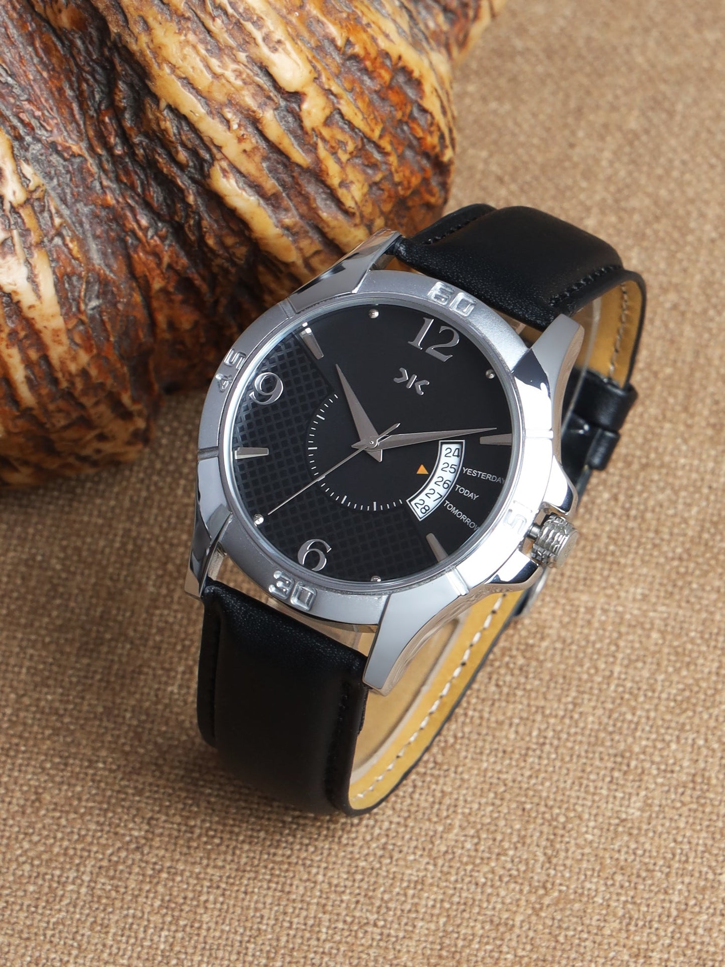 Men's Silver Case, Black Leather Strap Date Watch KLMO104E