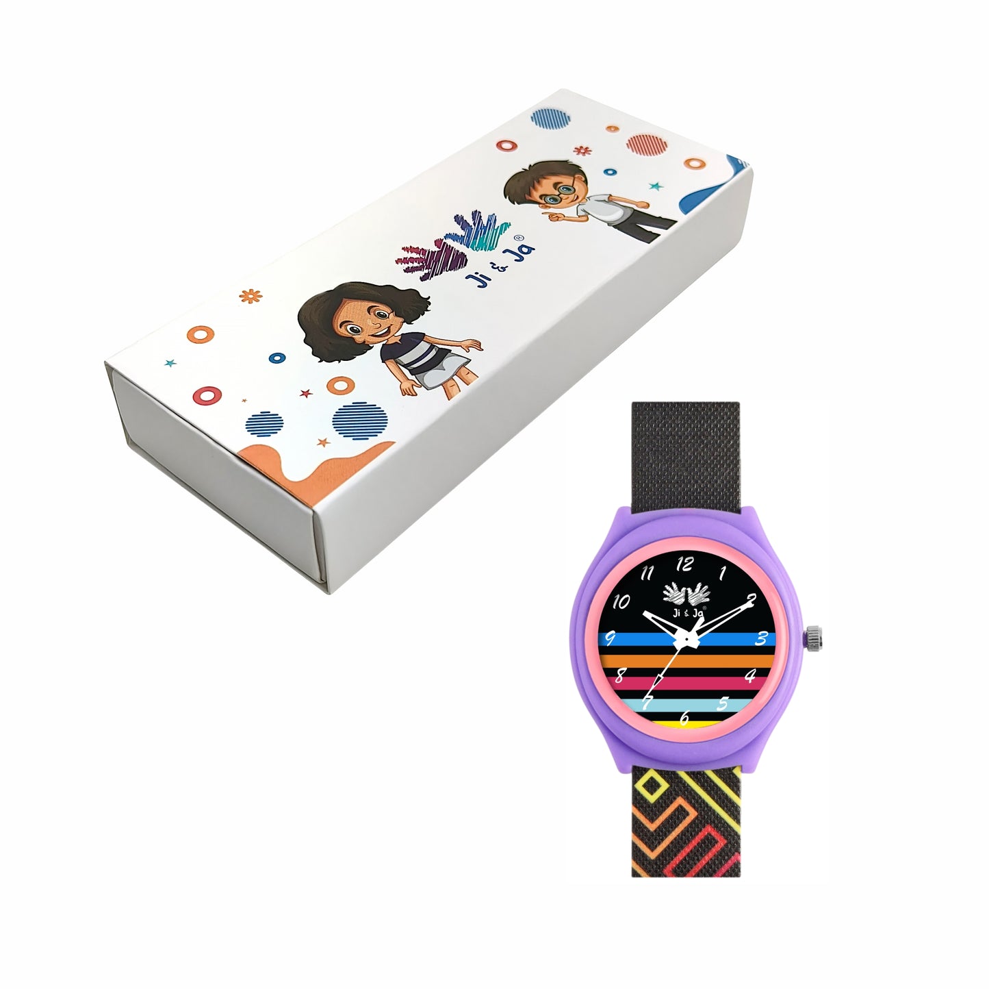 Kid’s Black Dial Analog Watch with Multicolor Stripes & Patterned Silicone Strap - JJ235