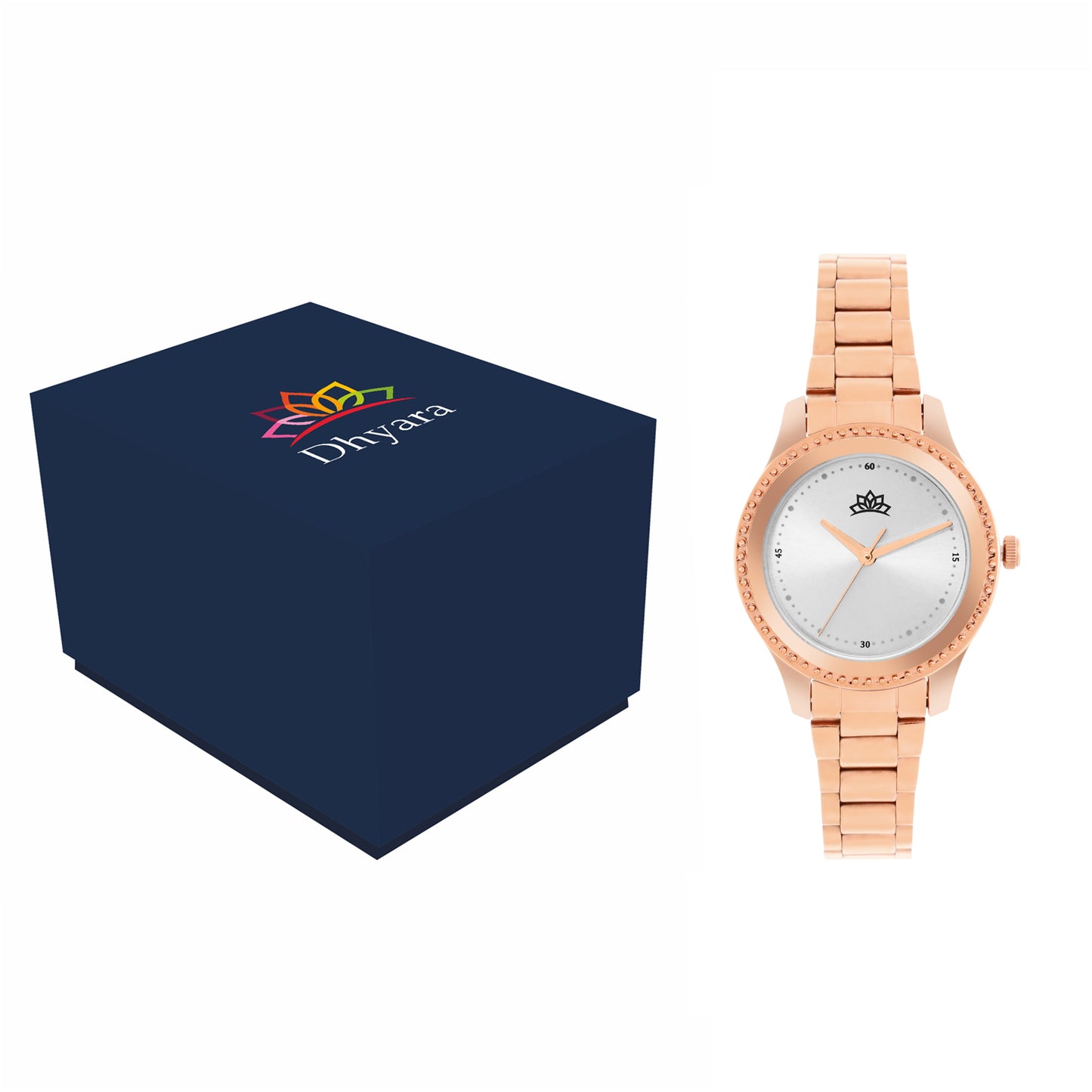 Women’s Rose Gold Bracelet Watch with Crystal Bezel & Silver Dial - D001F