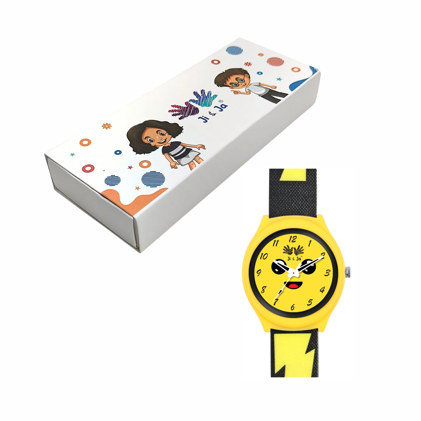 Kids’ Yellow Emoji Dial Analog Watch with Lightning Bolt Strap - JJ243