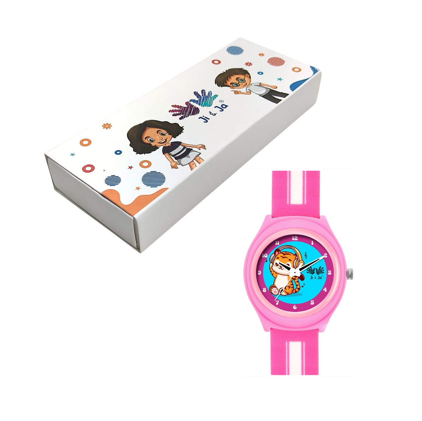 Kids’ Blue Dial Analog Watch with Pink Case & Tiger Print Silicone Strap - JJ238