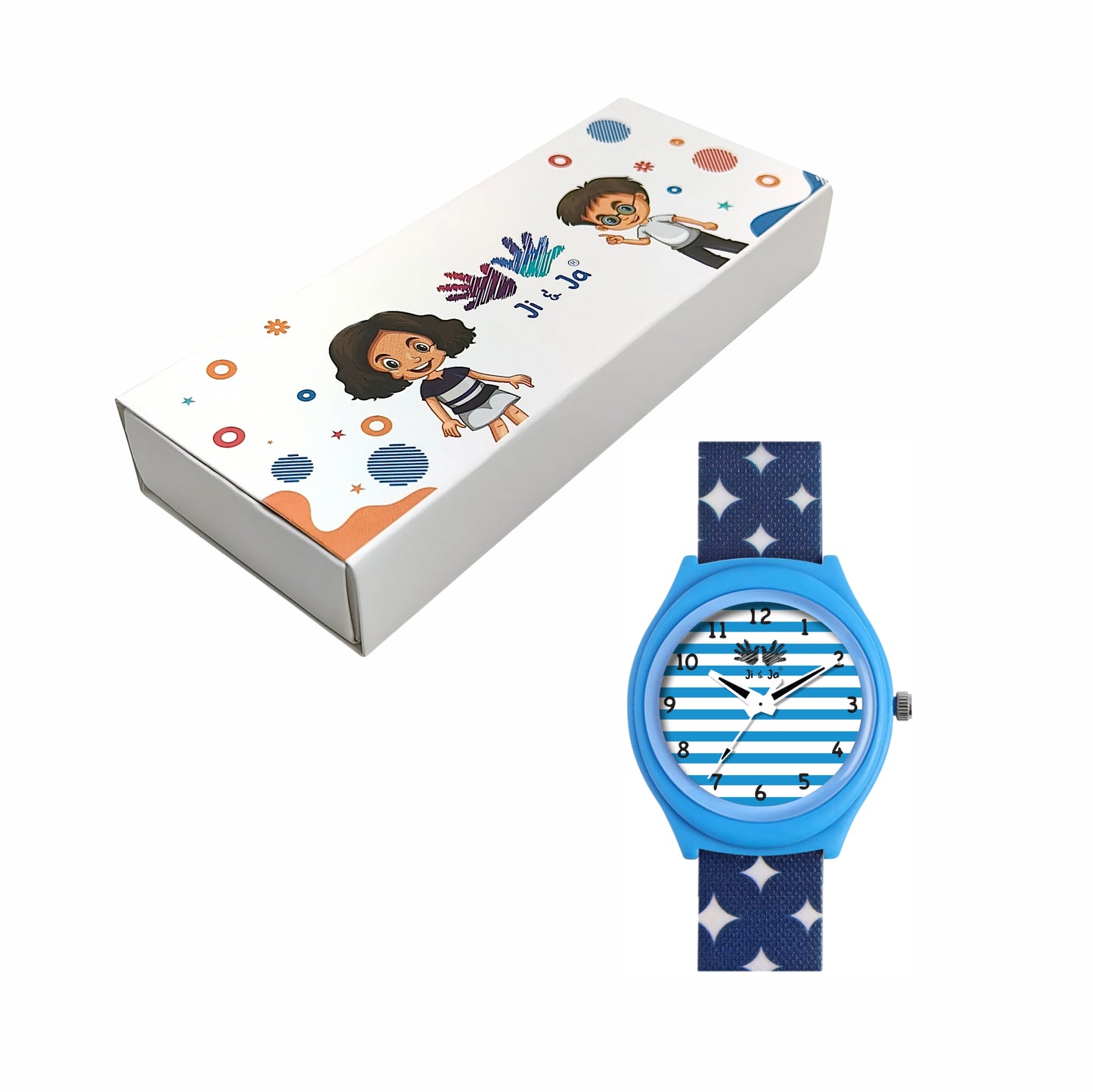 Kid’s White & Blue Striped Dial Analog Watch with Blue Case & Printed Silicone Strap - JJ230