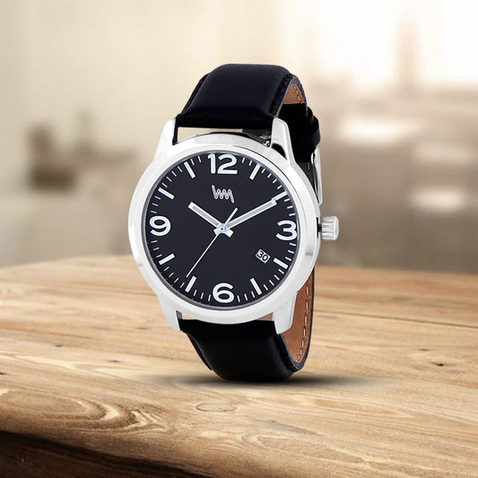Men Silver Case, Black Dial, Black Leather Strap, Date Watch LWM141B