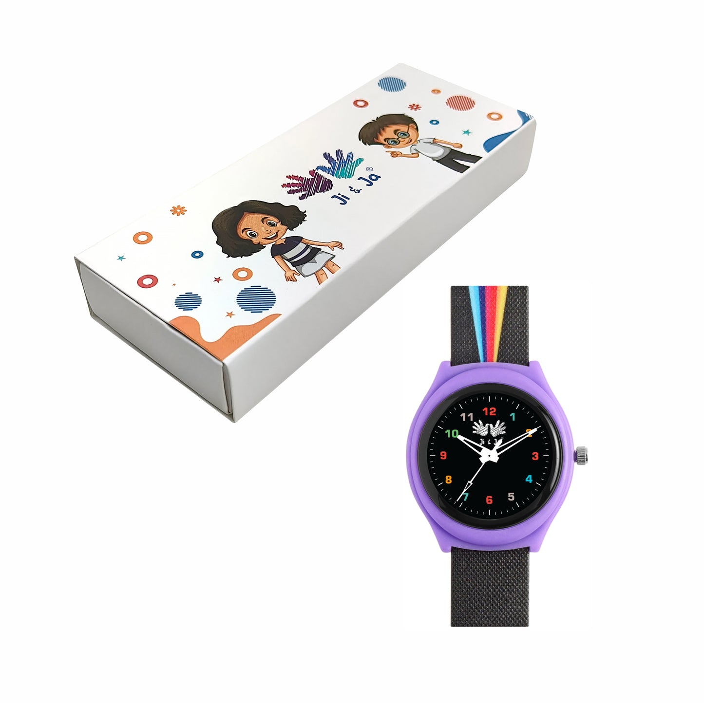 Kids’ Purple Analog Watch with Black Dial & Rainbow Stripe Strap - JJ242