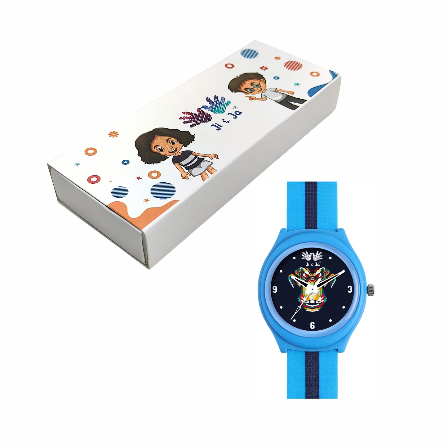 Kids’ Black Dial Analog Watch with Blue Case & Dual-Stripe Silicone Strap - JJ239