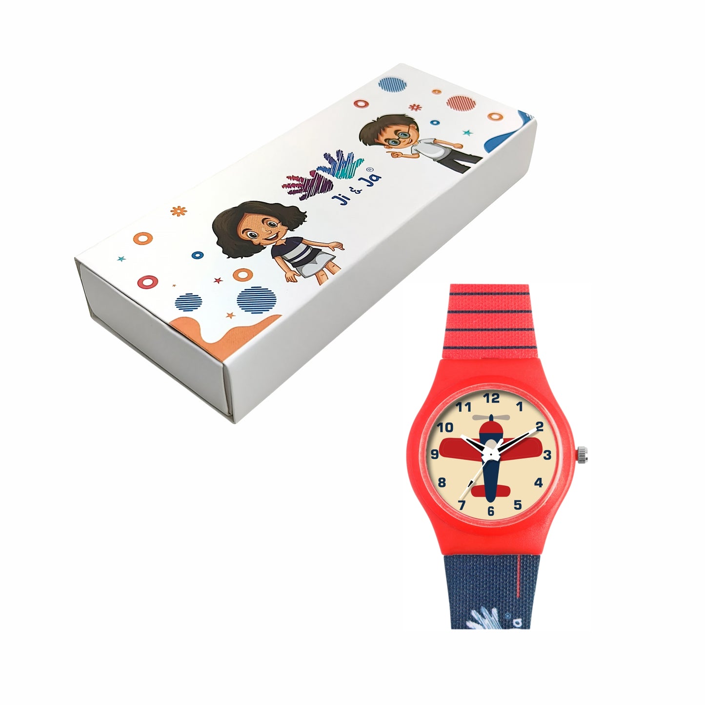 Kid’s Airplane Graphic Dial Analog Watch with Red Case & Dual-Tone Silicone Strap - JJ231