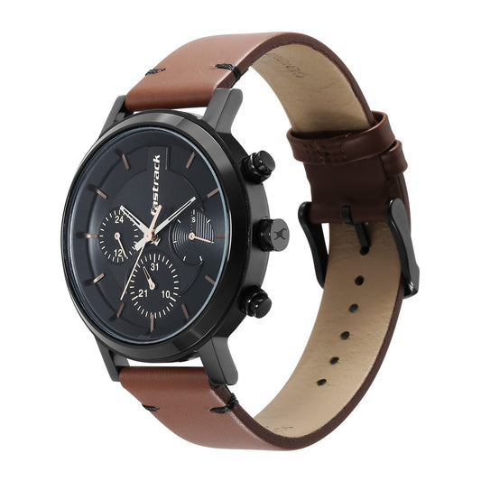 Black Dial Analog Watch for Men -3287NL01 Genuine Leather, Brown Strap