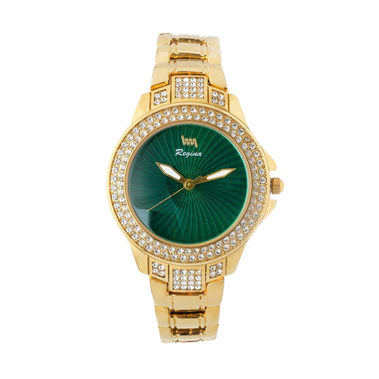 Women's Gold Bling, Green Dial, Gold Diamond studded Solid Link Bracelet Watch LWW118A