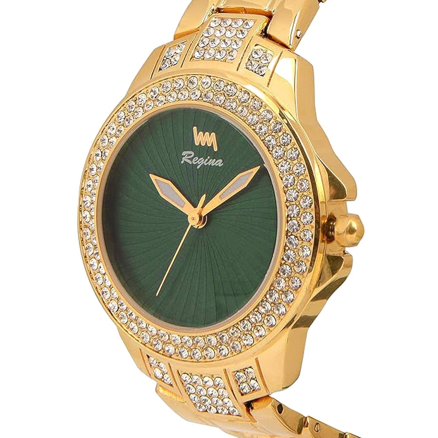 Women's Gold Bling, Green Dial, Gold Diamond studded Solid Link Bracelet Watch LWW118A