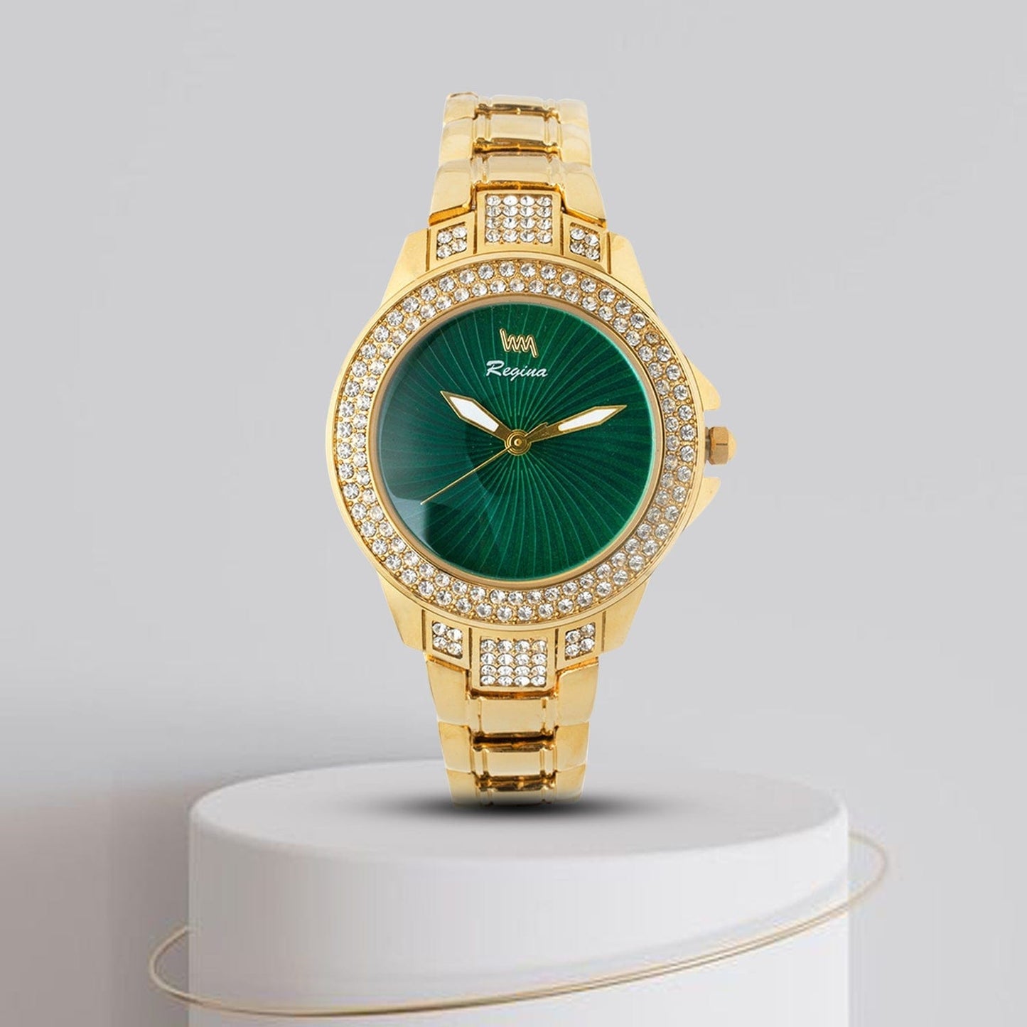 Women's Gold Bling, Green Dial, Gold Diamond studded Solid Link Bracelet Watch LWW118A