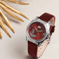 Women’s Elegant Red Dial Analog Watch with Crystal Bezel & Leather Strap - D009C
