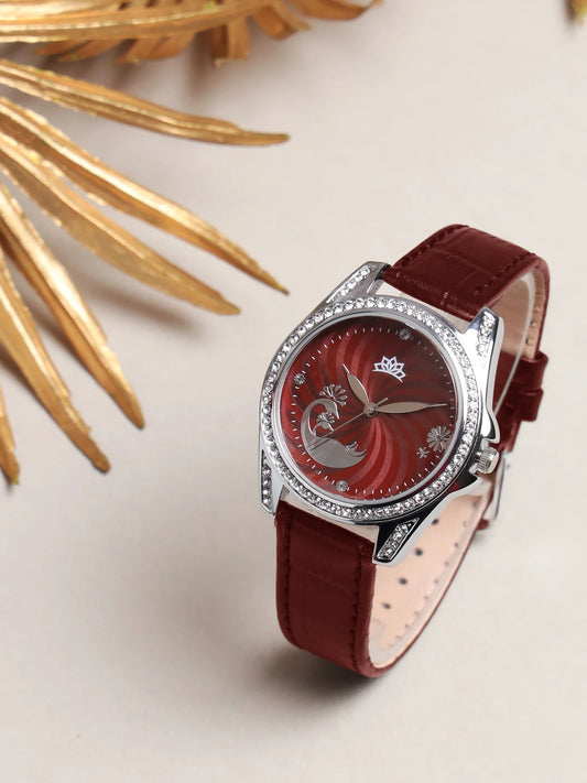 Women’s Elegant Red Dial Analog Watch with Crystal Bezel & Leather Strap - D009C
