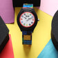 Kids’ White Dial Analog Watch with Black Case and Colorful Block Print Silicone Strap - JJ223