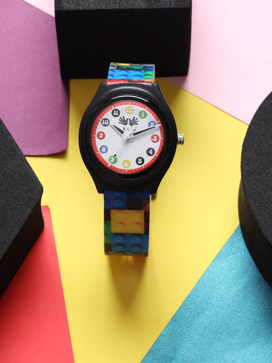 Kids’ White Dial Analog Watch with Black Case and Colorful Block Print Silicone Strap - JJ223