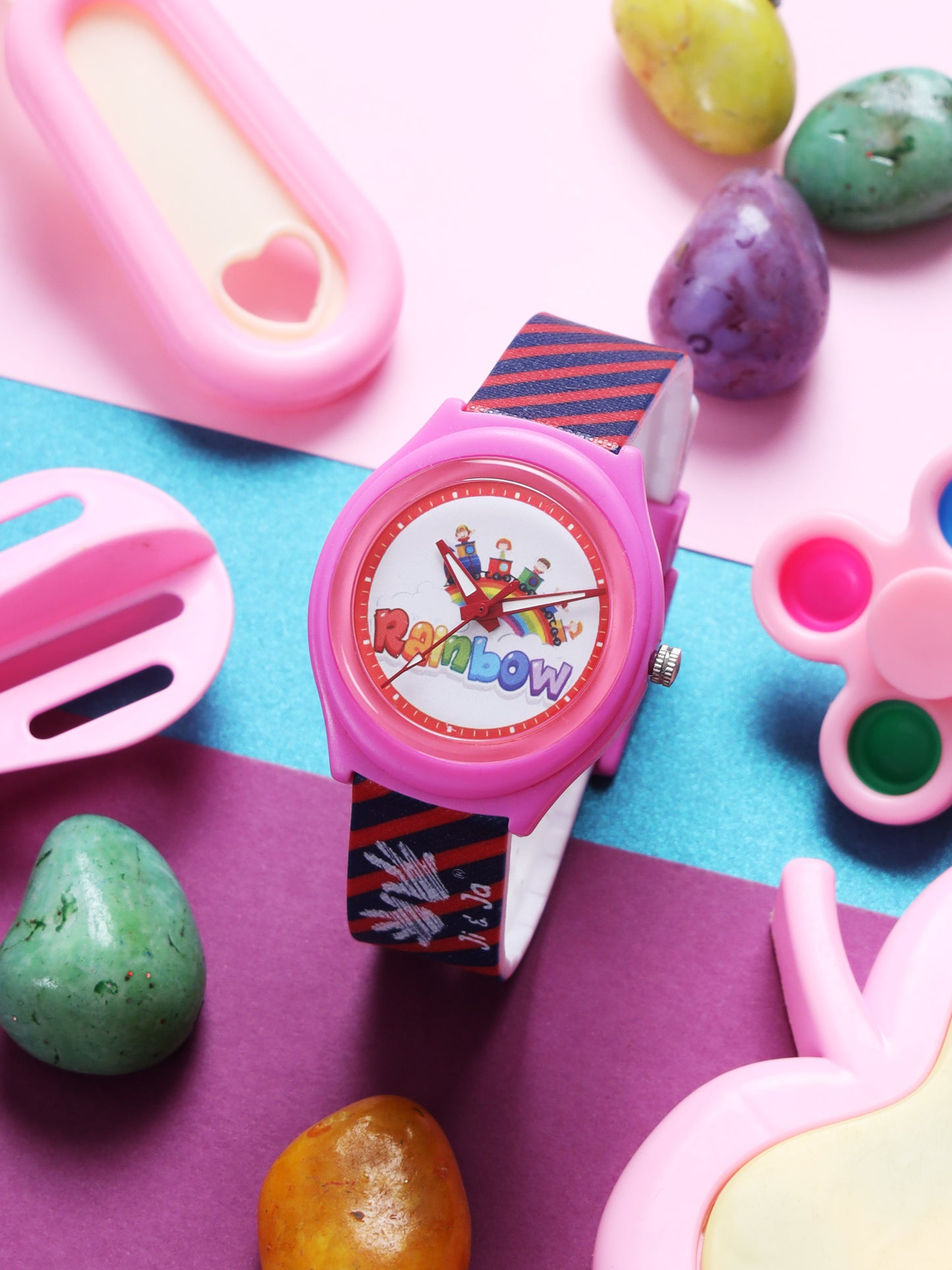 Kids’ Rainbow Theme Analog Watch with Pink Case and Striped Strap - JJ226