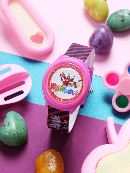 Kids’ Rainbow Theme Analog Watch with Pink Case and Striped Strap - JJ226