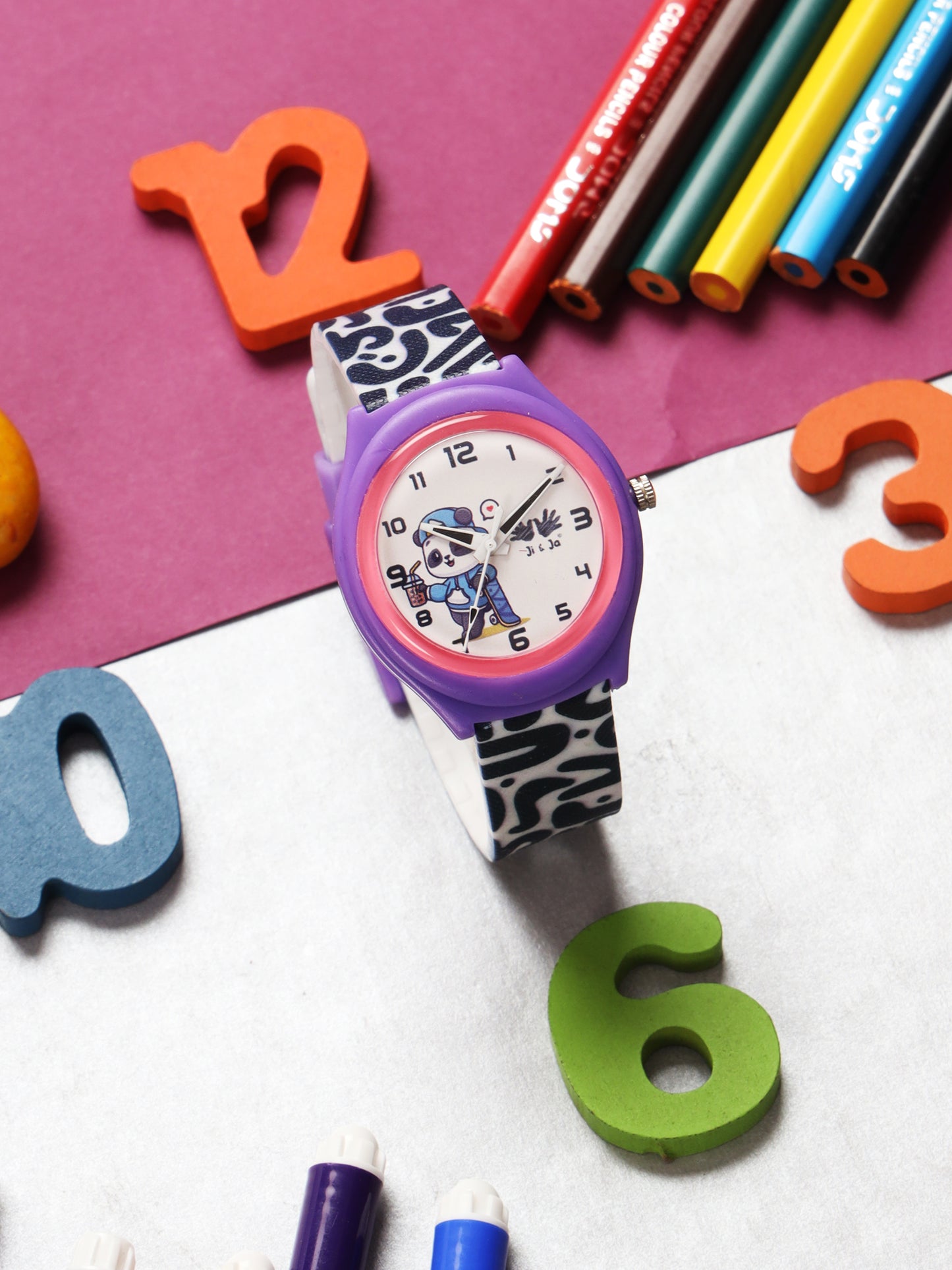 Kids’ White Dial Analog Watch with Purple Case & Panda Print Silicone Strap - JJ237