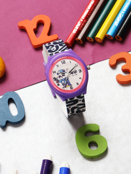 Kids’ White Dial Analog Watch with Purple Case & Panda Print Silicone Strap - JJ237