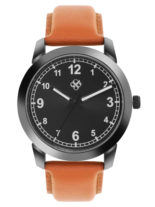 Men’s Black Dial Analog Watch with Brown Leather Strap - BSM028B
