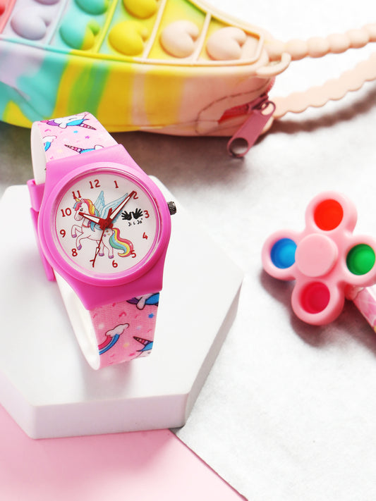 Kids’ White Dial Analog Watch with Unicorn Print Silicone Strap - JJ206