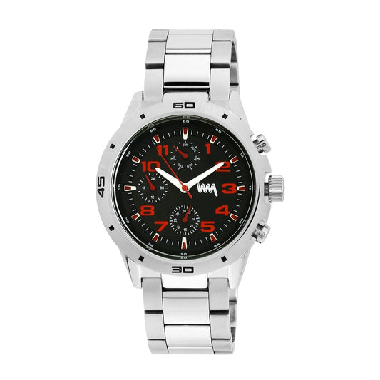 Men Multifunctional Silver Case, Black & Red Dial with Silver Stainless Steel Bracelet Watch LWM010002M