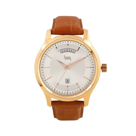 Men Rose Gold Case Silver Skeleton Dial Brown Croco Leather Strap Day-Date Watch LWM111D