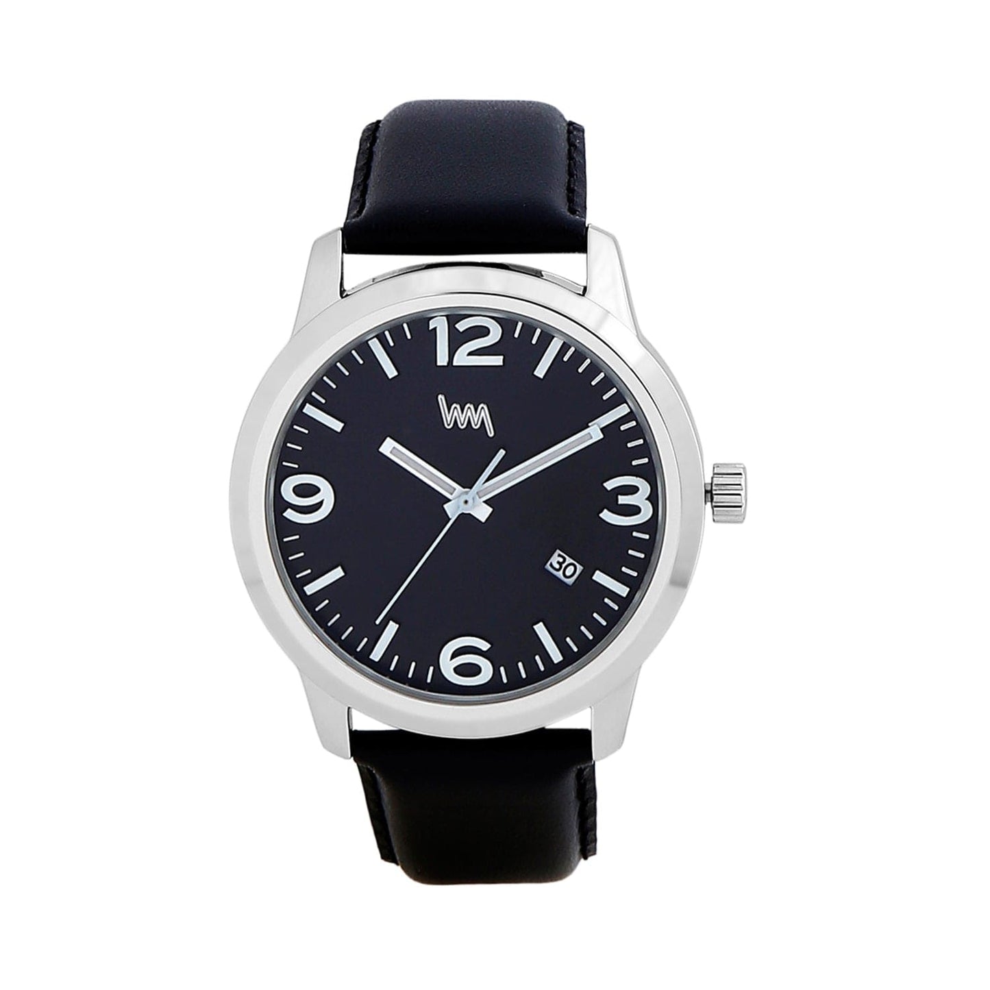 Men Silver Case, Black Dial, Black Leather Strap, Date Watch LWM141B