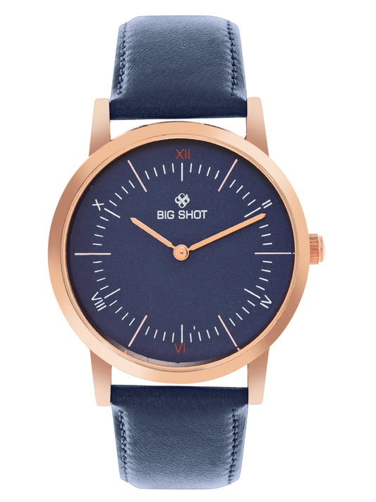 Men's Rose Gold Blue Leather Strap Watch BSM002D