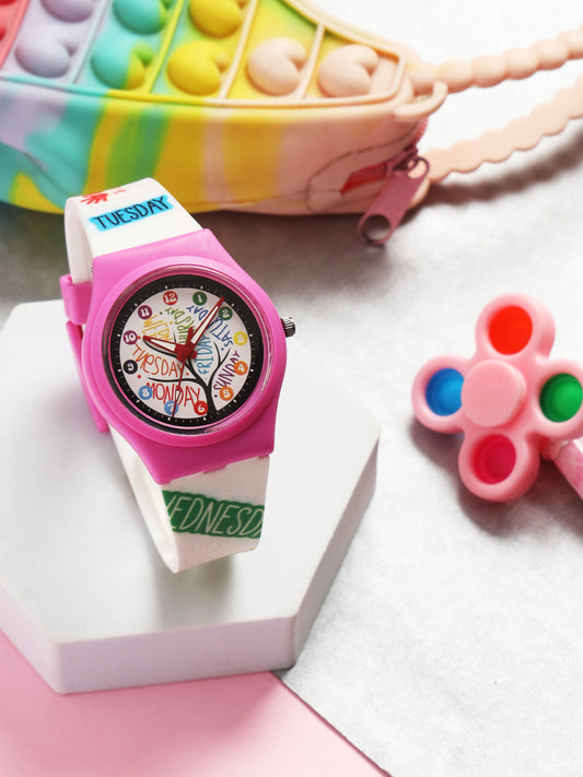 Kids’ White Dial Analog Watch with Days of the Week Silicone Strap & Pink Case - JJ221