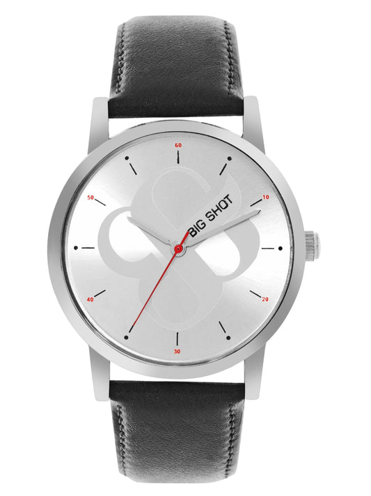 Men's Silver Black Leather Strap Watch BSM003C