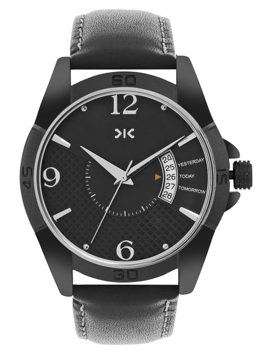 Men's Black Leather Strap Date Watch KLMO104A