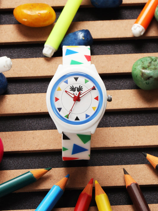 Kids’ White Dial Analog Watch with Geometric Silicone Strap - JJ205