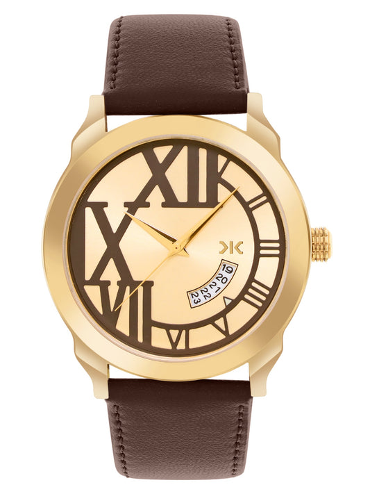 Men's Gold Brown Leather Strap Date Watch KLMO80I