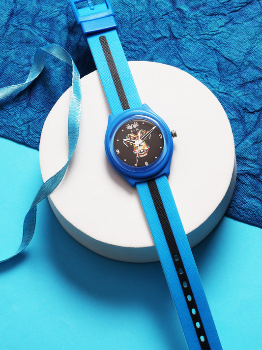 Kids’ Black Dial Analog Watch with Blue Case & Dual-Stripe Silicone Strap - JJ239