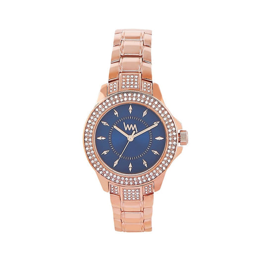 Women's Rose Gold Bling, Blue Dial, Rose Gold Diamond studded Solid Link Bracelet Watch LWWI106E