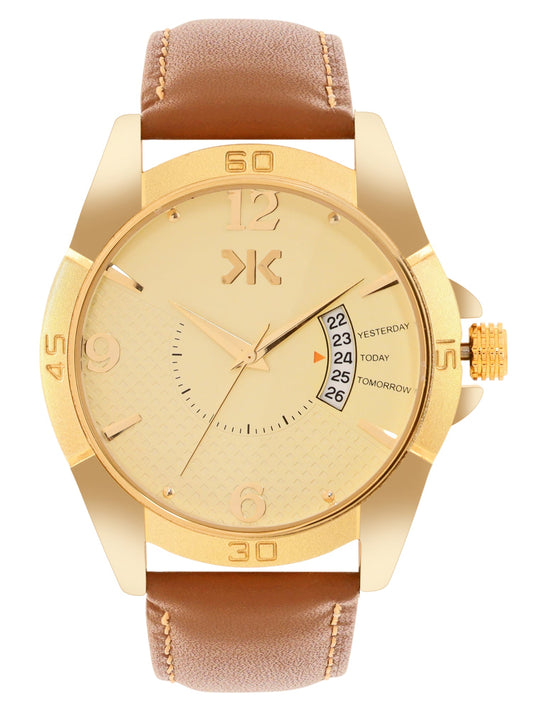 Men's Gold Case, Brown Leather Strap Date Watch KLMO104D