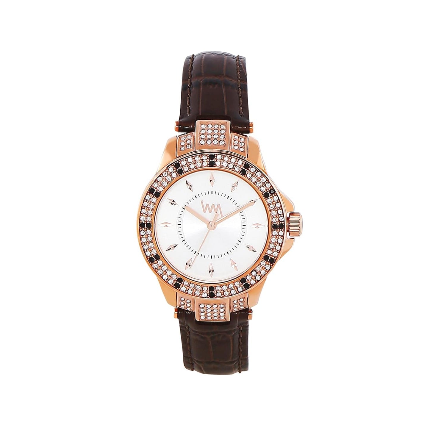 Women's Rose Gold Bling, White Dial, Brown Genuine Leather Strap Watch LWWI106B