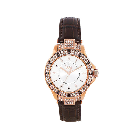 Women's Rose Gold Bling, White Dial, Brown Genuine Leather Strap Watch LWWI106B