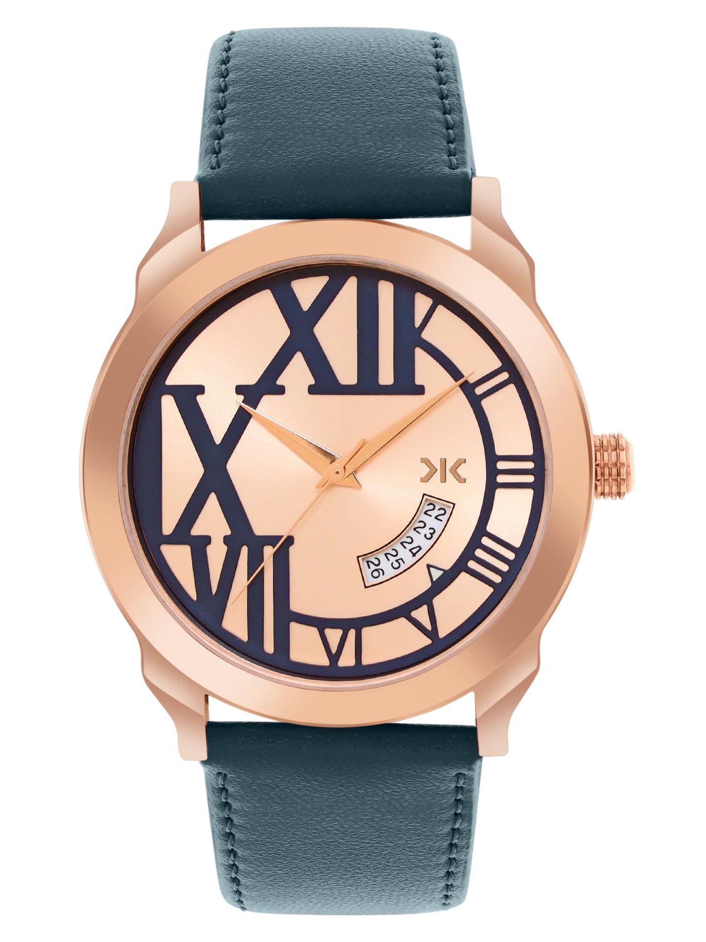 Men's Rose Gold Blue Leather Strap Date Watch KLMO80G