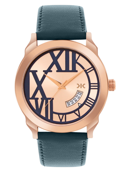 Men's Rose Gold Blue Leather Strap Date Watch KLMO80G