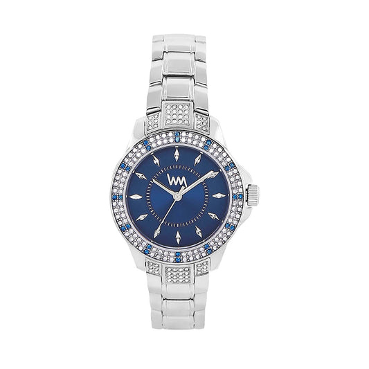 Women's Silver Bling, Blue Dial, Silver Diamond studded Solid Link Bracelet Watch  LWWI106C