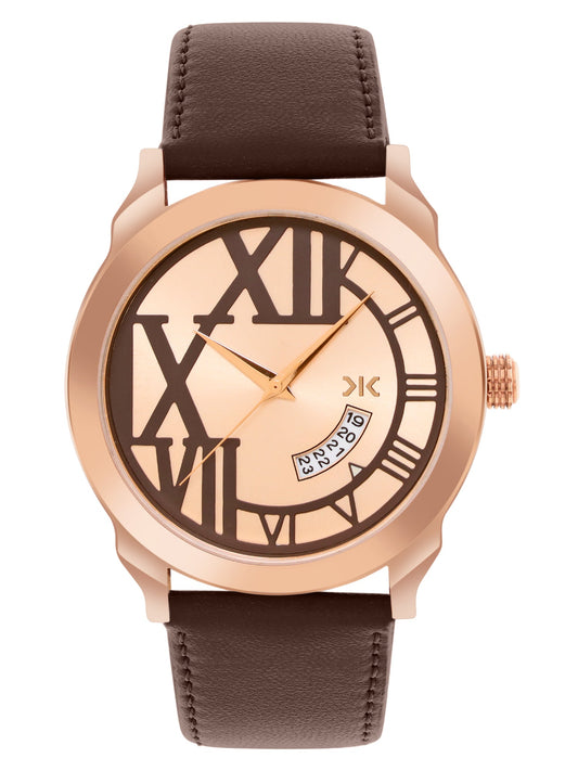 Men's Rose Gold Brown Leather Strap Date Watch KLMO80F