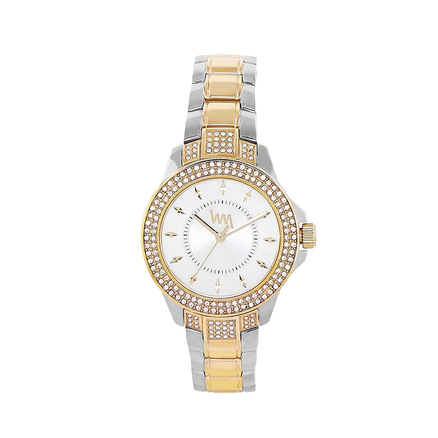 Women's Two Tone Gold Silver Bling, Silver Dial, Two Tone Gold Silver Diamond studded Solid Link Bracelet Watch LWWI106F