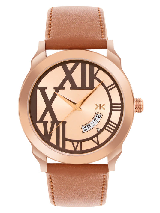 Men's Rose Gold Brown Leather Strap Date Watch KLMO80H