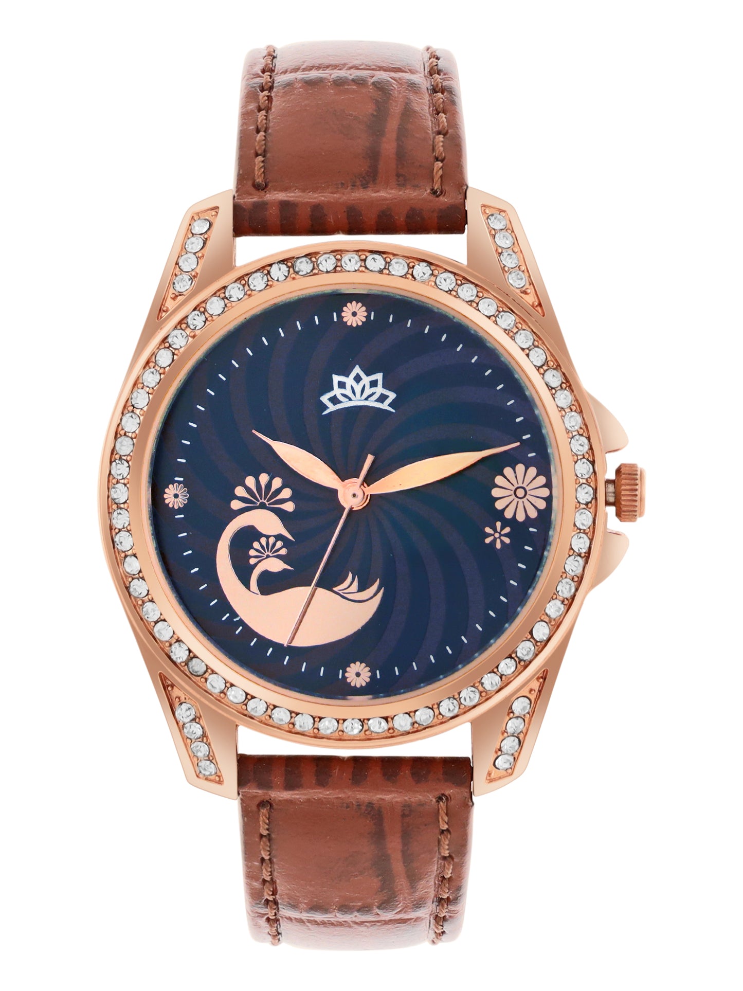 Women’s Elegant Blue Dial with Brown Leather Strap and Crystal Rose Gold Case - D009A