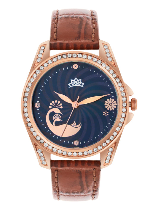 Women’s Elegant Blue Dial with Brown Leather Strap and Crystal Rose Gold Case - D009A