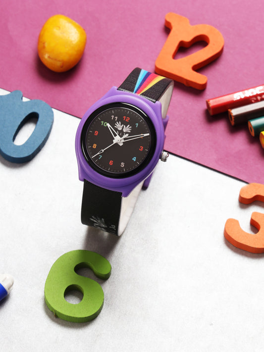 Kids’ Purple Analog Watch with Black Dial & Rainbow Stripe Strap - JJ242