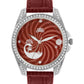 Women’s Elegant Red Dial Analog Watch with Crystal Bezel & Leather Strap - D009C