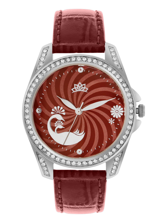 Women’s Elegant Red Dial Analog Watch with Crystal Bezel & Leather Strap - D009C