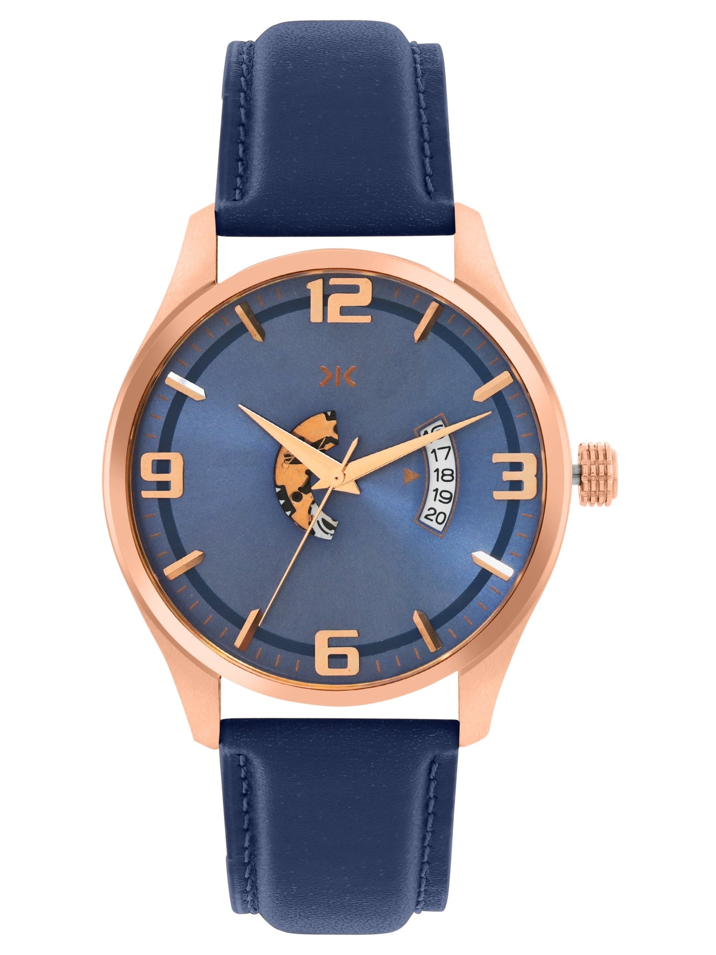Men's Rose Gold Case, Blue Skeleton Dial, Blue Leather Strap, Date Watch KLMO103A